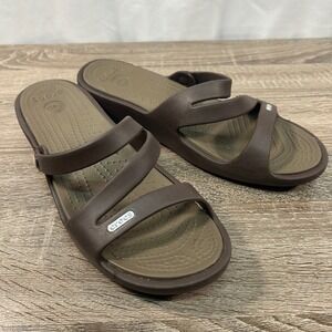 Crocs Patricia Wedge Sandals Womens Size 9 Espresso Brown Multi Strap Slides
